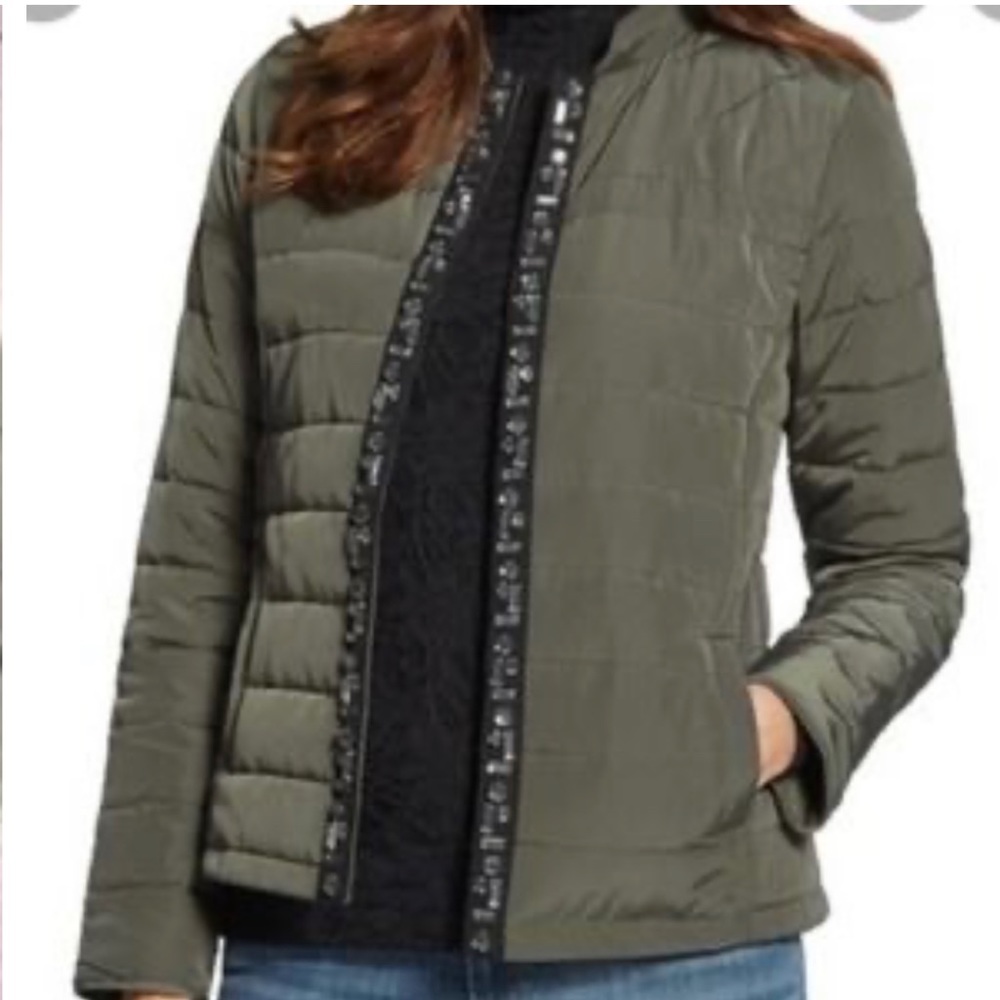 CHICO'S Olive Green Quilted Rhinestone Placket Puffer Short Jacket Size 1